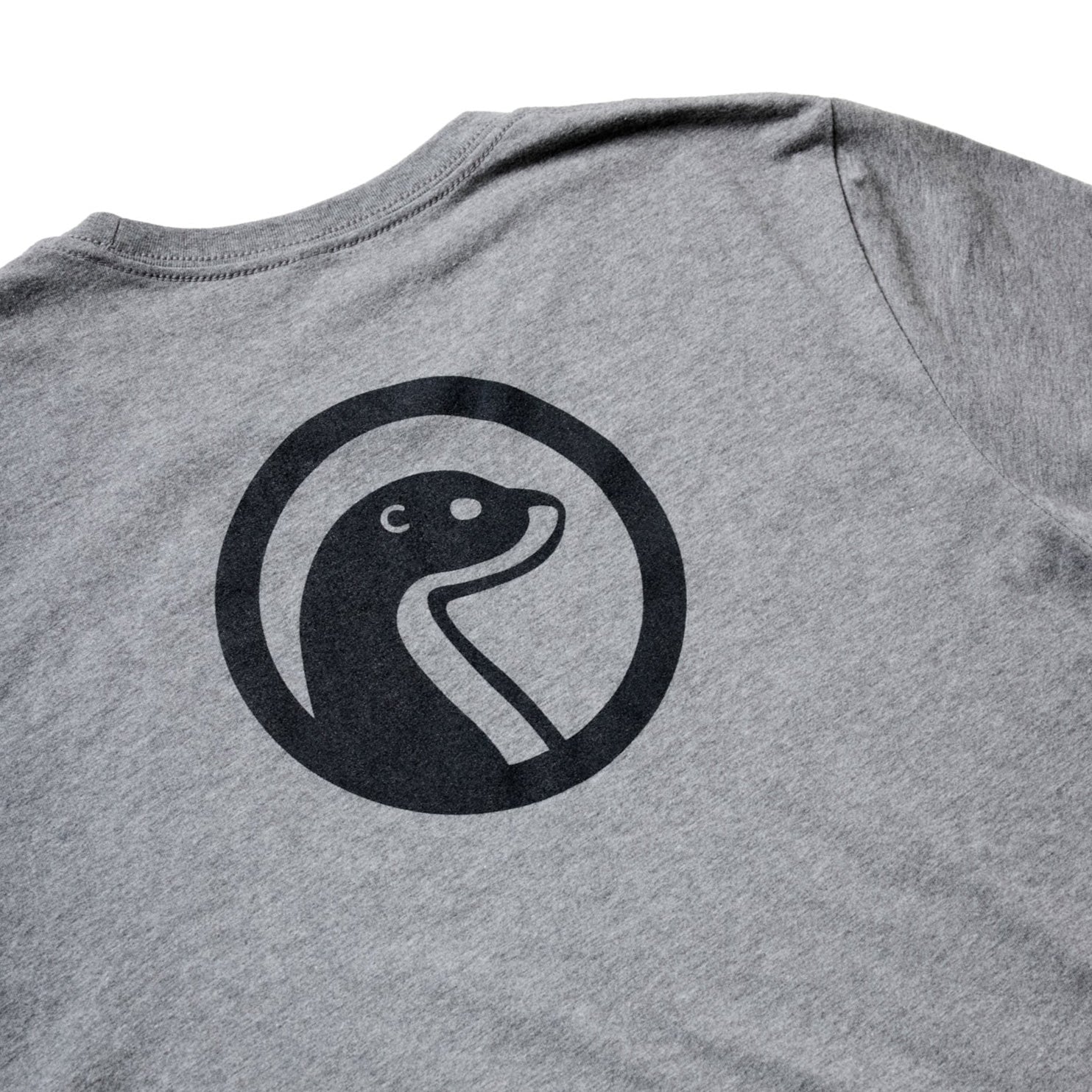 Gray t-shirt with a black logo on a white background