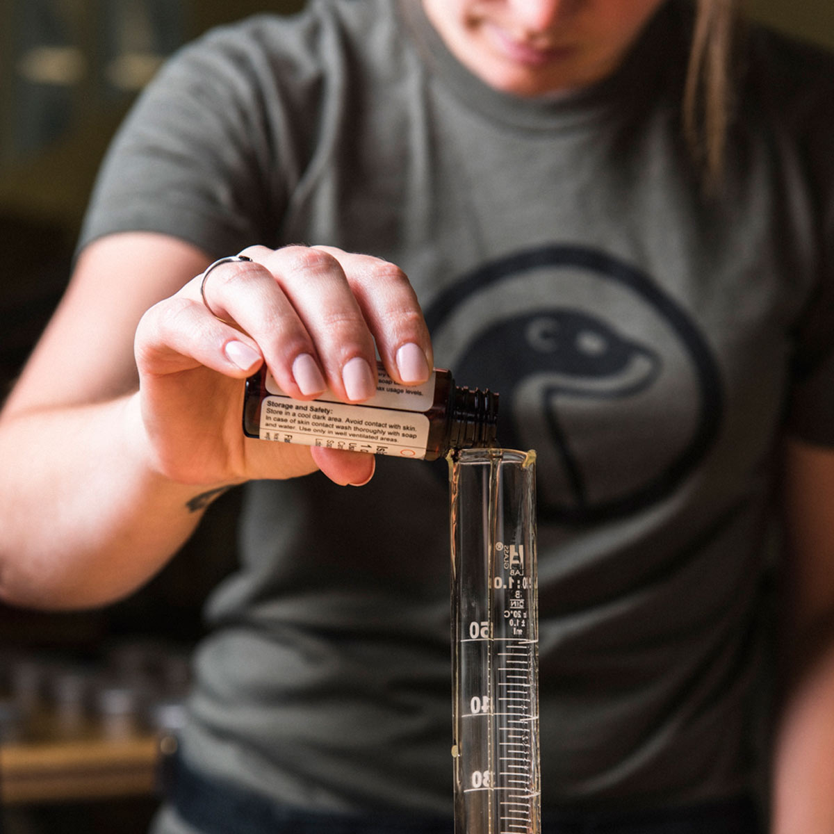 Otter Wax Employee Measuring Essential Oils As An Ingredient In Production