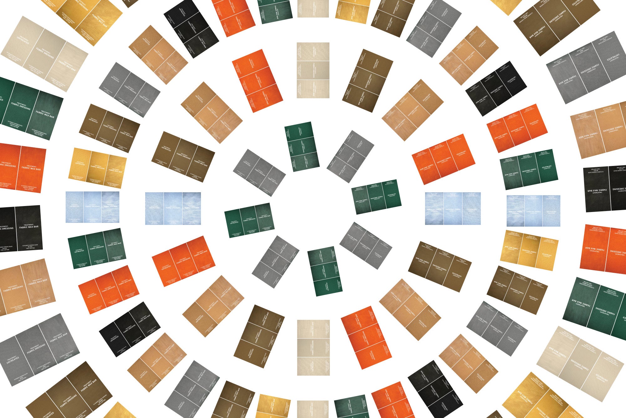 Circular display of Otter Wax fabric color swatches arranged by shade, including tan, green, gray, blue, and red tones.