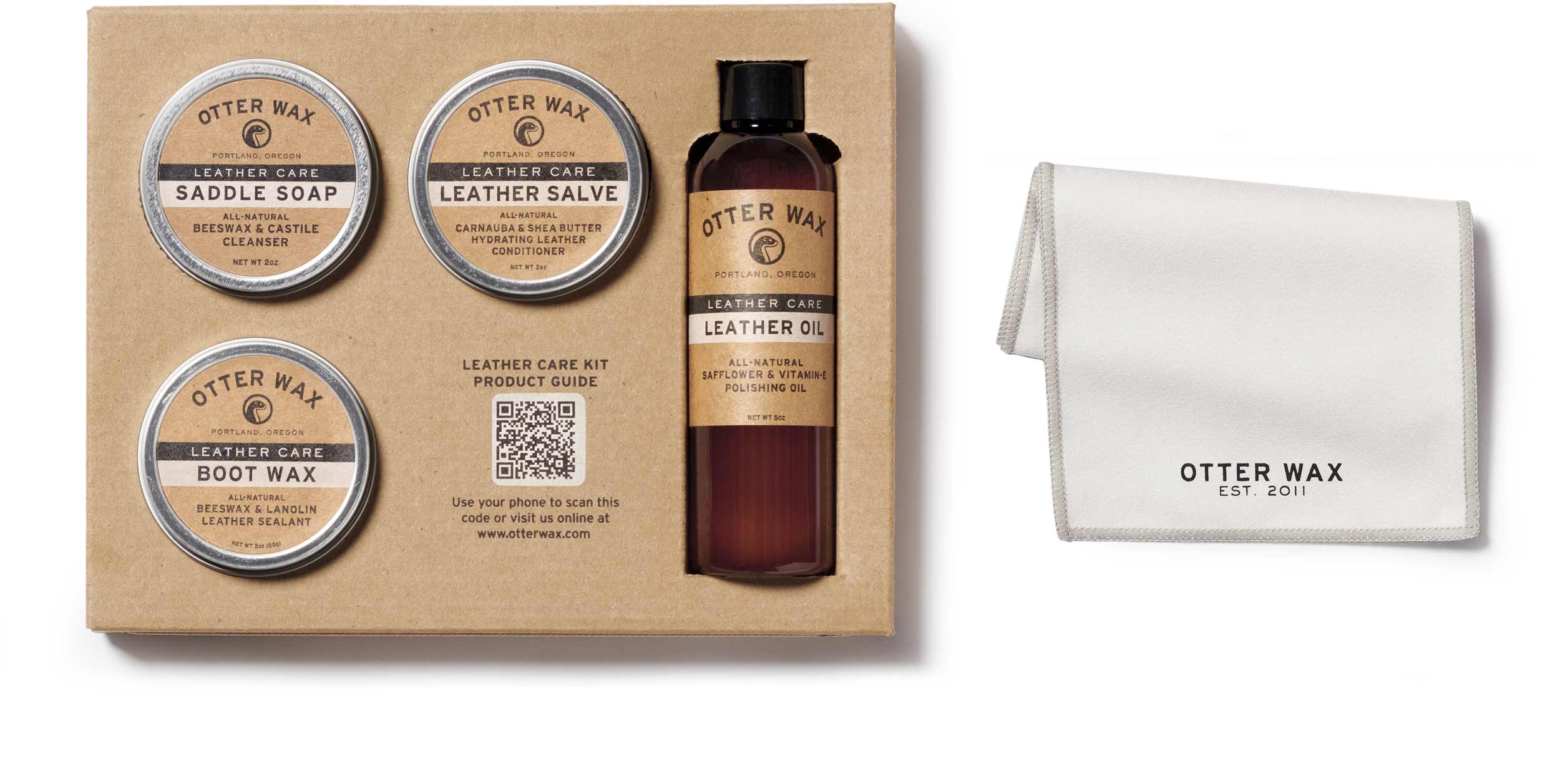 Otter Wax Leather Care Kit containing Saddle Soap, Leather Salve, Leather Oil, Boot Wax, and a white polishing cloth with Otter Wax logo.