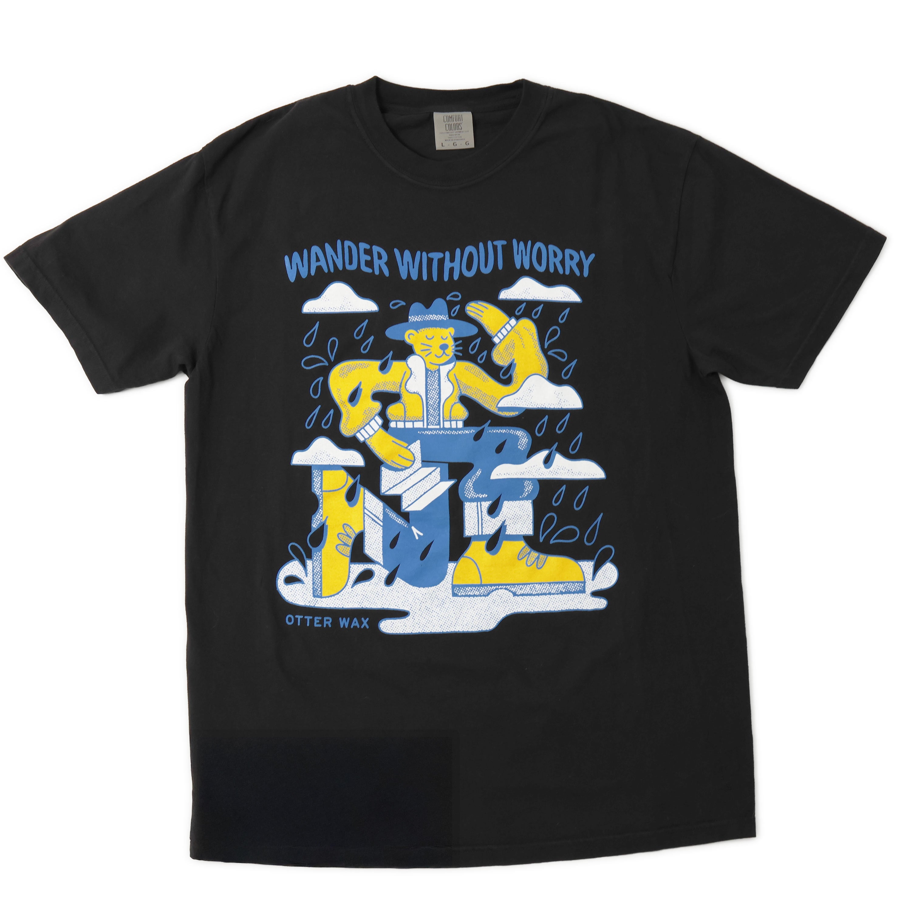 Black Otter Wax short sleeve t-shirt featuring a colorful “Wander Without Worry” graphic of an otter in outdoor gear surrounded by raindrops and clouds.