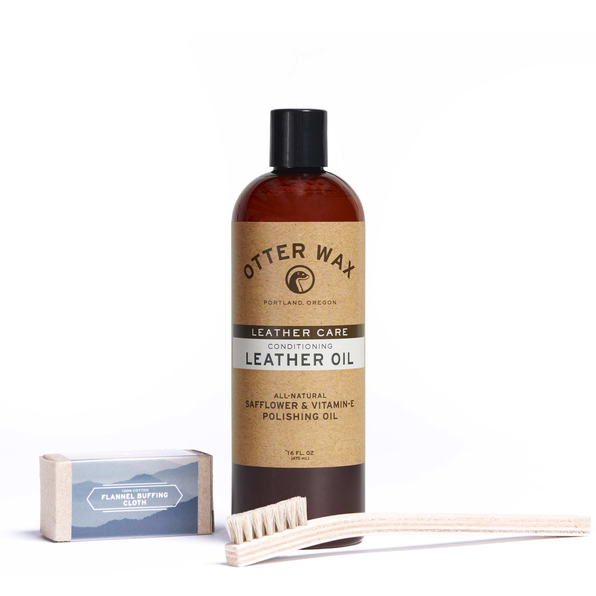 Otter Wax Leather Oil Bundle Including 16oz Conditioner Flannel Buffing Cloth And Horsehair Buffing Brush