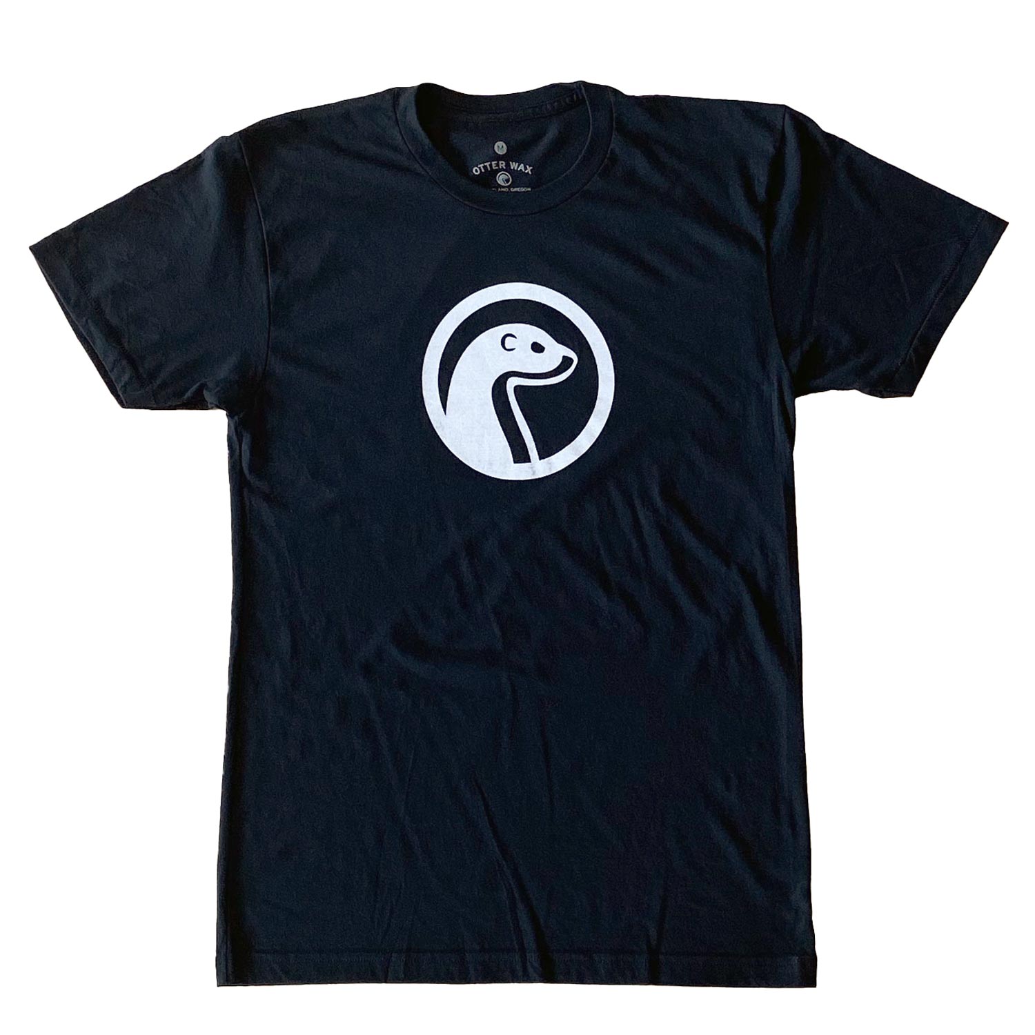 Otter Wax Fitted Cotton Unisex T-Shirt With Black Print Logo Front And Back In Black Fabric With White Screenprint Color Made In The USA