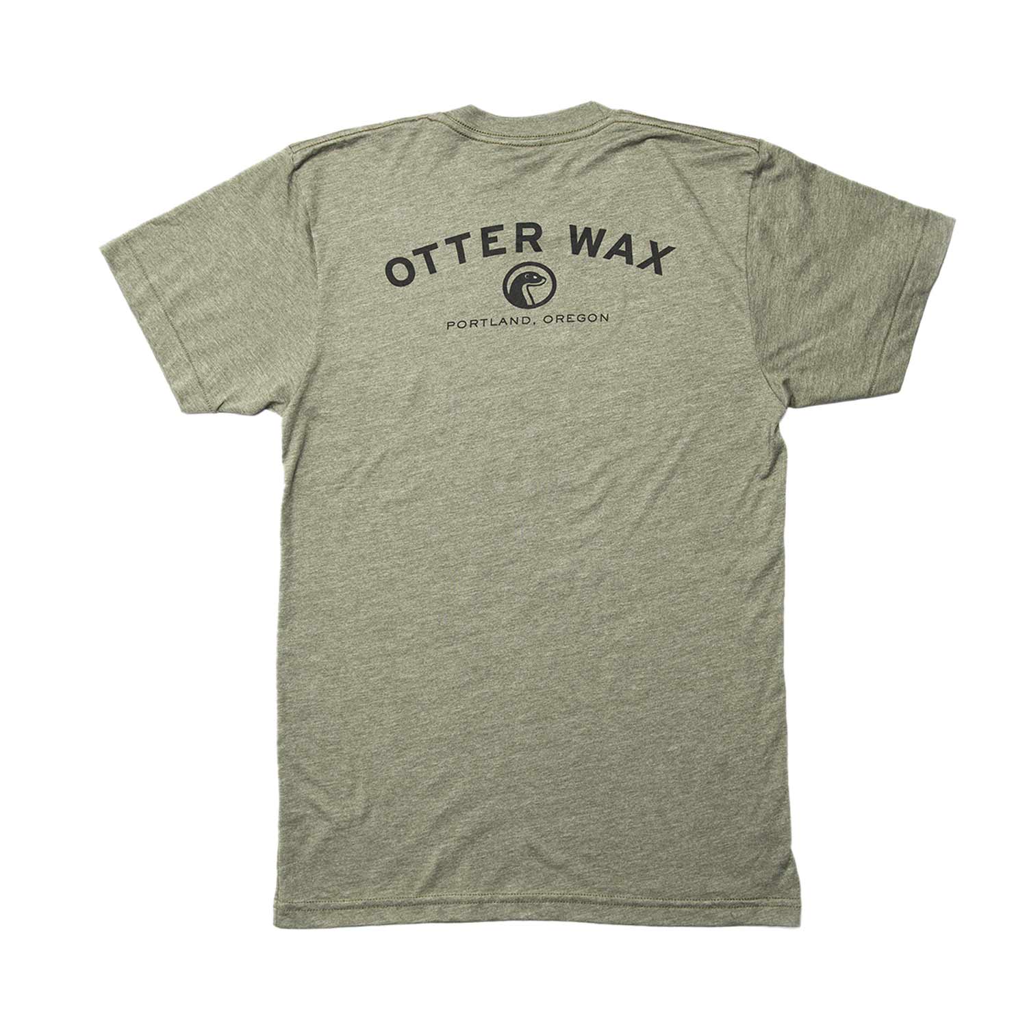 Otter Wax Fitted Cotton Unisex T-Shirt With Black Print Logo Front And Back In Heather Forest Lieutenant Green Color Made In The USA
