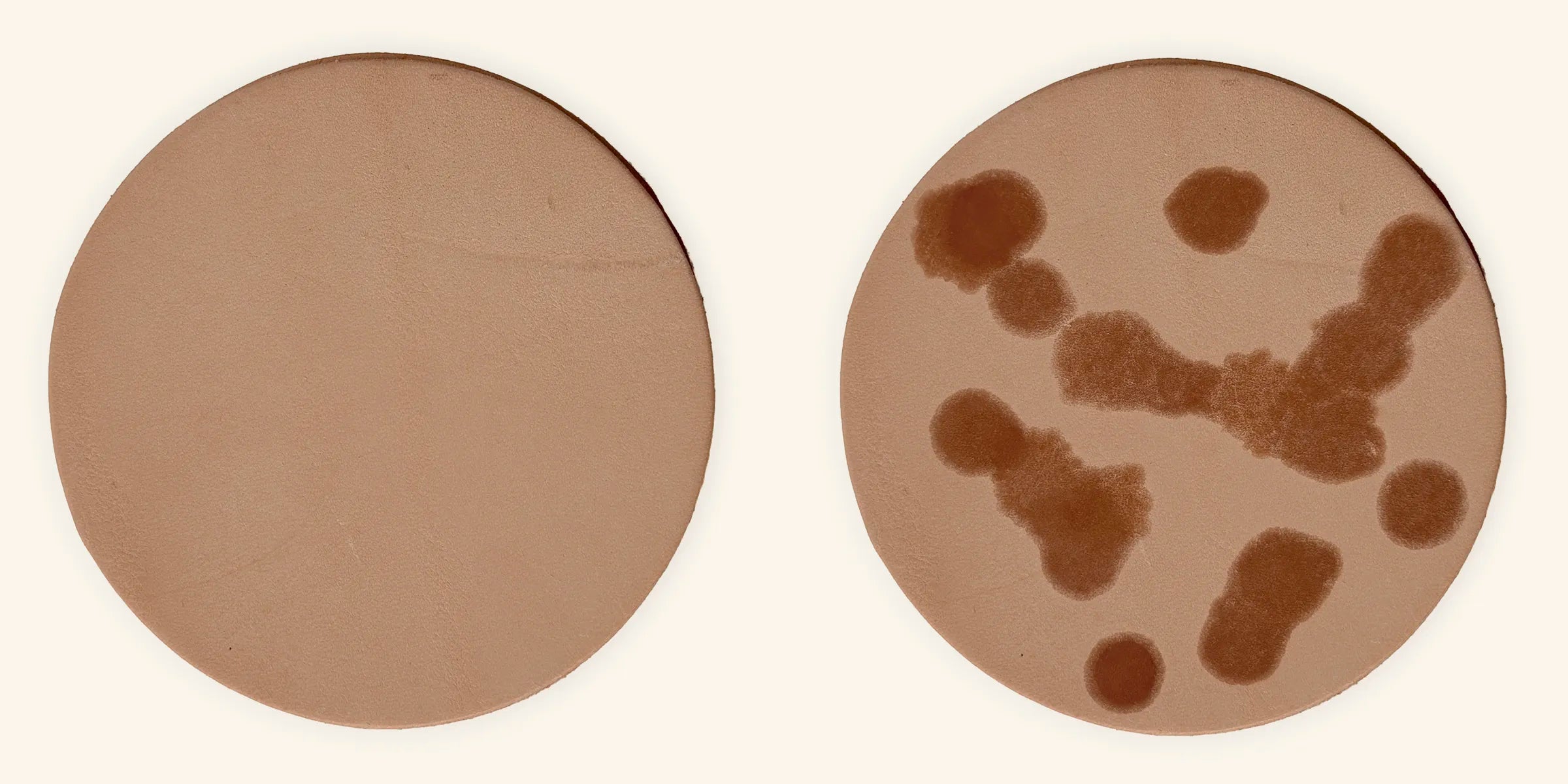 a piece of light colored leather before and after showing water stains