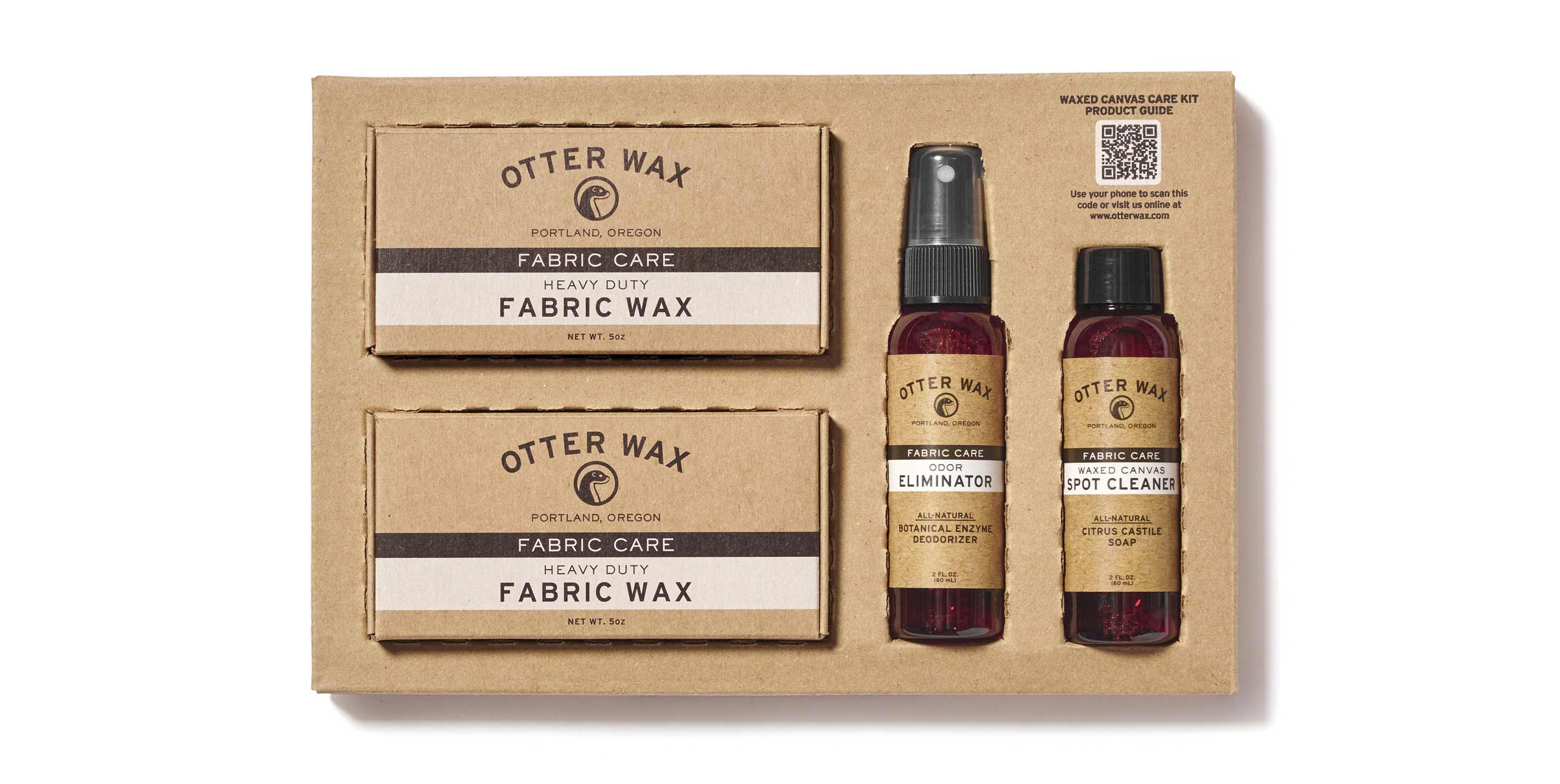 Otter Wax Fabric Care Kit containing two Fabric Wax bars, a Spot Cleaner, and an Odor Eliminator in a recyclable cardboard package.