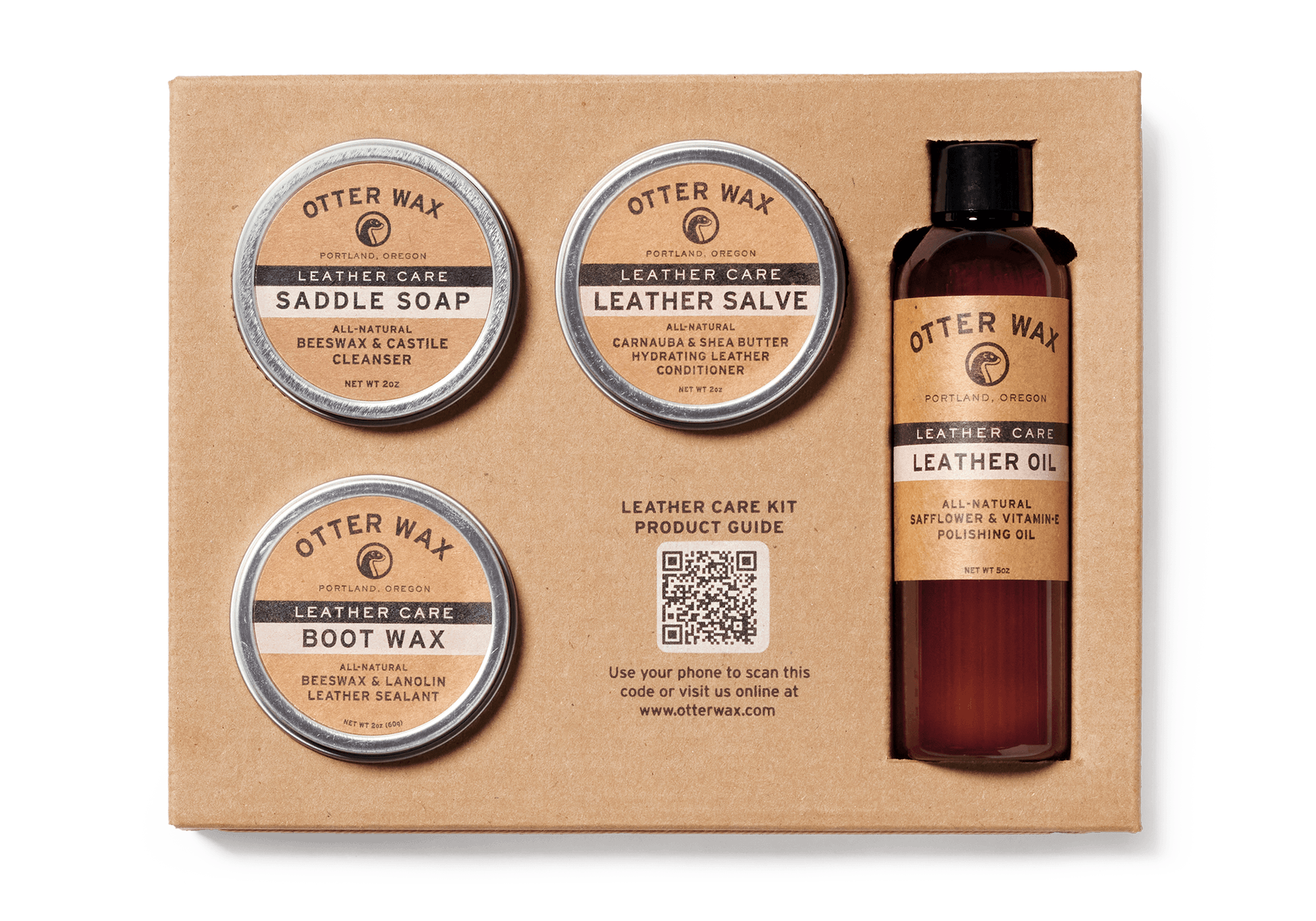 Otter Wax Leather Care Kit with Saddle Soap, Leather Salve, Boot Wax, Safflower Leather Oil, and polishing cloth, all-natural leather conditioner and cleaner set, Portland Oregon