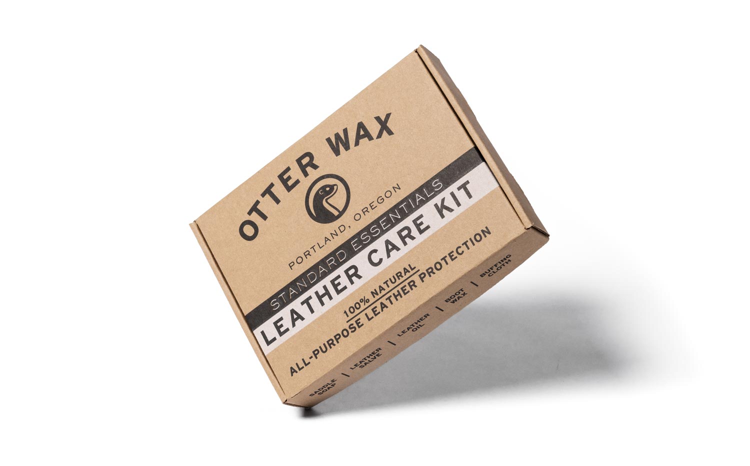 Otter Wax Standard Essentials Leather Care Kit in recyclable cardboard packaging labeled all-natural leather protection.