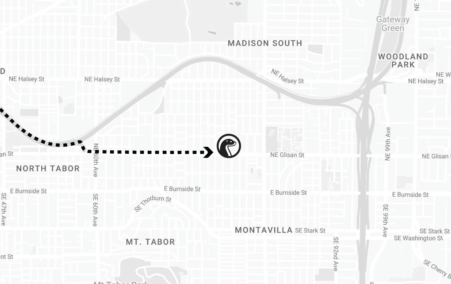 Simple black and white map showing Otter Wax’s location in Portland, Oregon, with a dotted line moving east from North Tabor toward Montavilla.