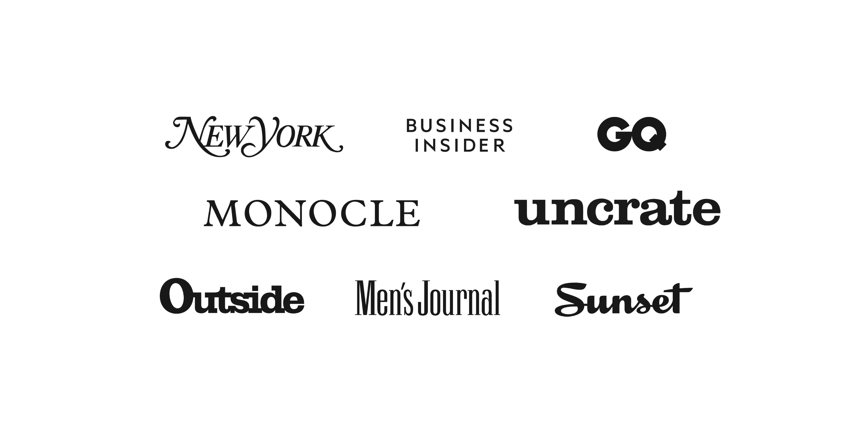 Logos of publications that have featured Otter Wax, including New York Magazine, Business Insider, GQ, Monocle, Uncrate, Outside, Men’s Journal, and Sunset.