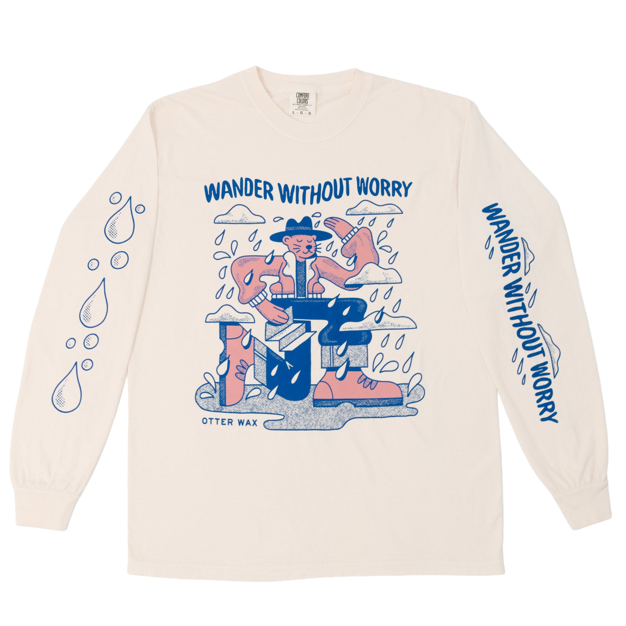 Ivory colored otter wax  long-sleeve shirt with graphic design and text 'Wander Without Worry' on a white background