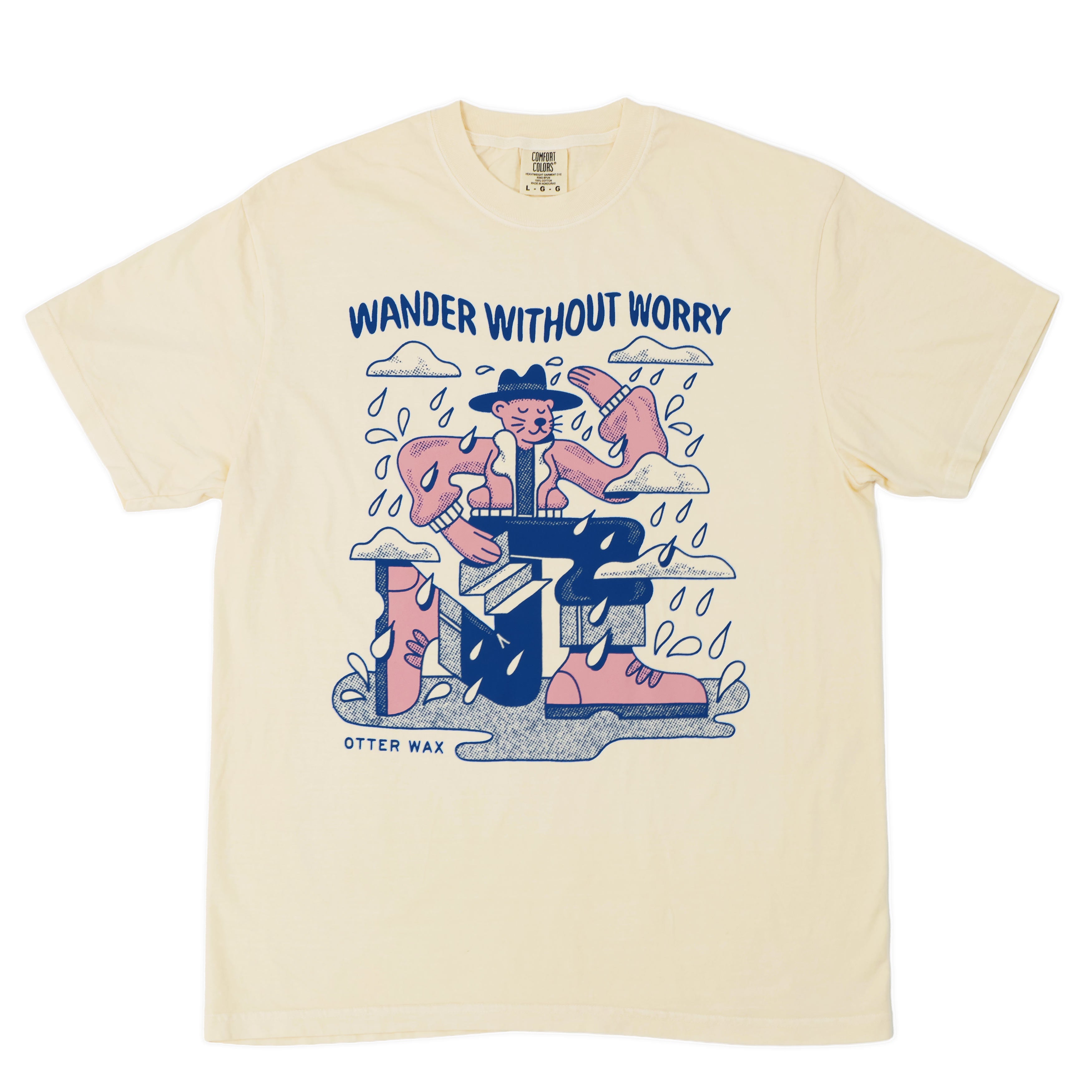 ivory colored otter wax  short sleeve shirt with graphic design and text 'Wander Without Worry' on a white background