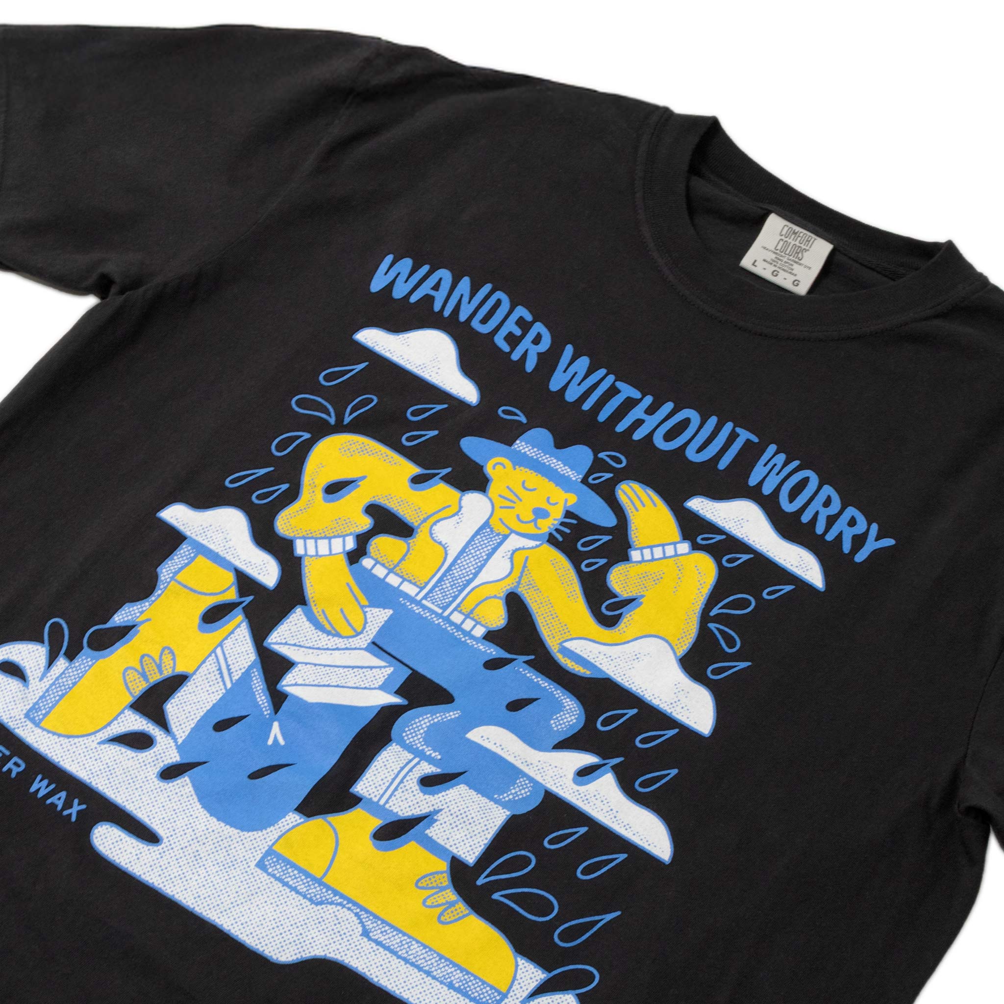 Black Otter Wax short sleeve  t-shirt featuring a colorful “Wander Without Worry” graphic of an otter in outdoor gear surrounded by raindrops and clouds.