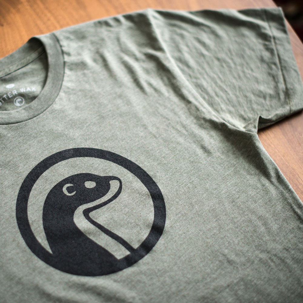 Otter Wax Fitted Cotton Unisex T-Shirt With Black Print Logo Front And Back In Heather Forest Lieutenant Green Color Made In The USA