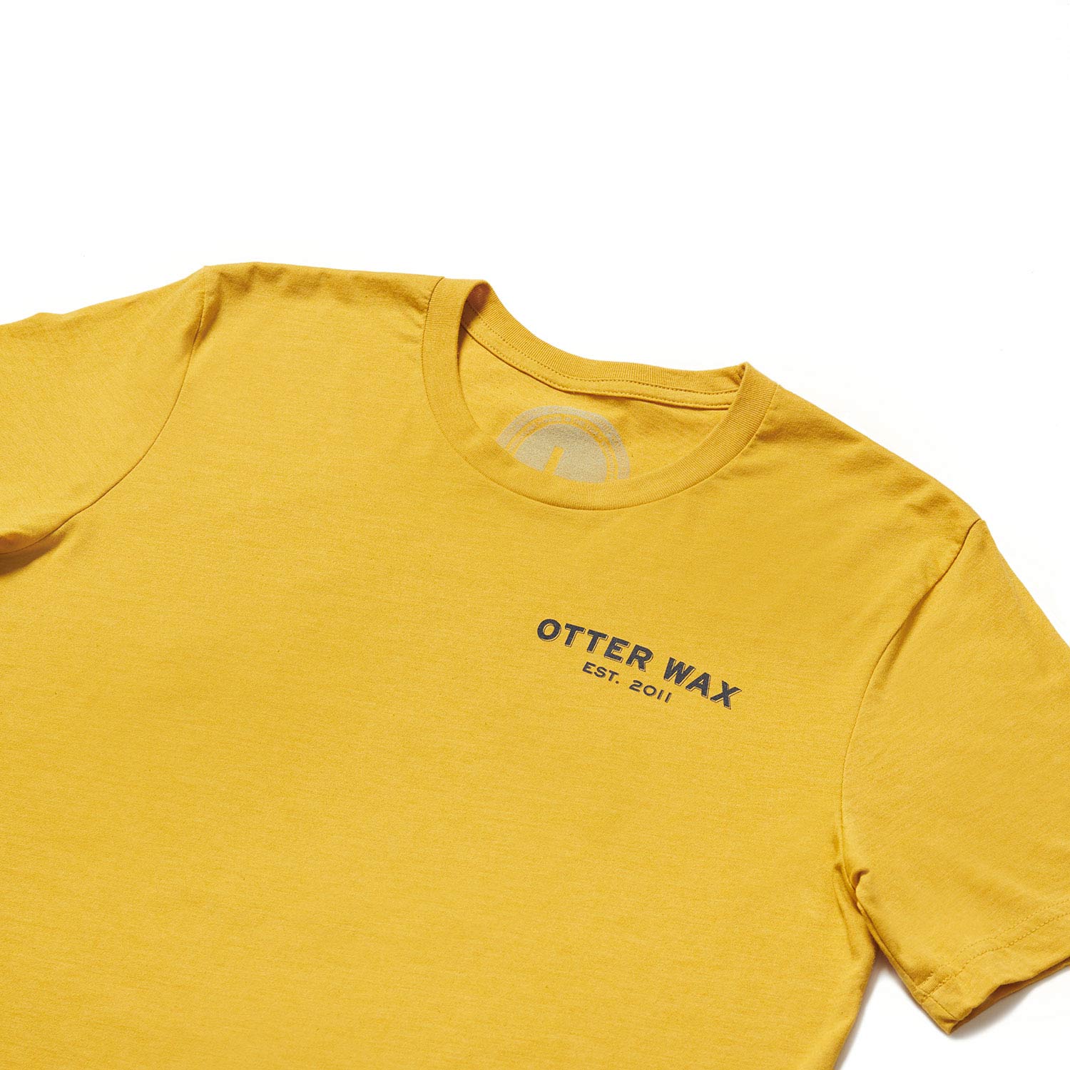 Otter Wax Made In The USA Logo T-Shirt In Mustard Yellow Cotton Fabric And Navy Blue Screenprint