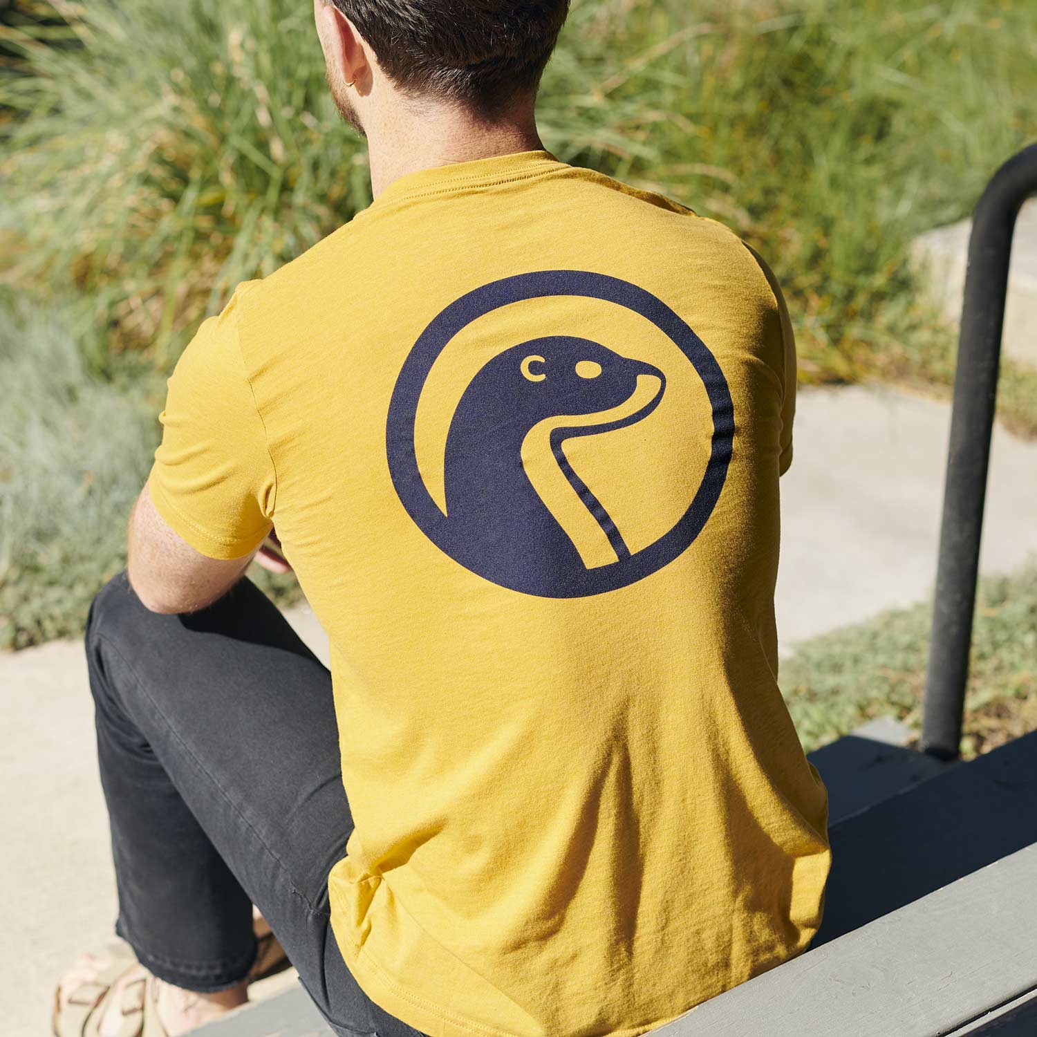 Otter Wax Made In The USA Logo T-Shirt In Mustard Yellow Cotton Fabric And Navy Blue Screenprint